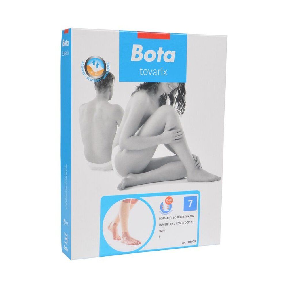 Verpakking met Bota tovarix beenstuk. Opschrift: Bota, model 7, beenstukken, huidskleur. Afbeelding van een persoon.