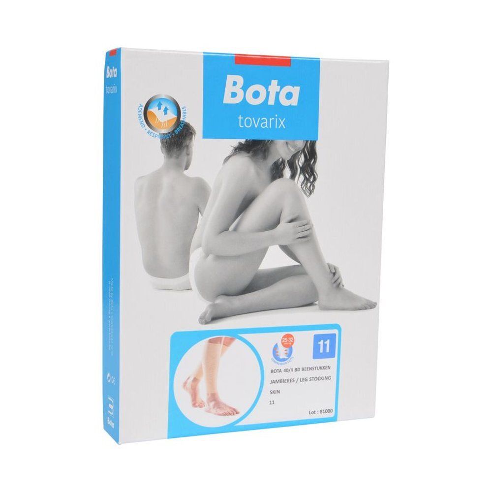 Verpakking van Bota tovarix compressiekousen, maat 11. Afbeelding van een vrouw en productillustratie.