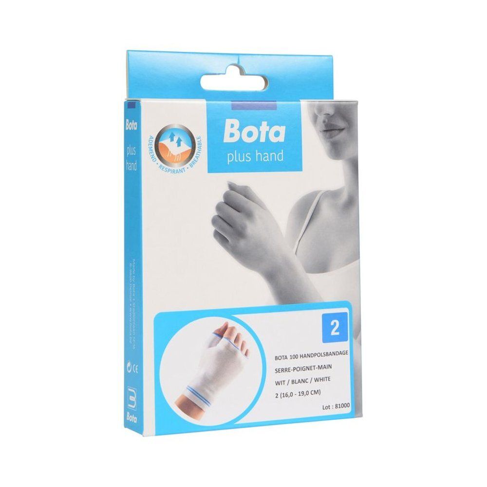 Witte polsband met duimgat en blauwe rand. Toont hand en duim. Elastisch materiaal.
