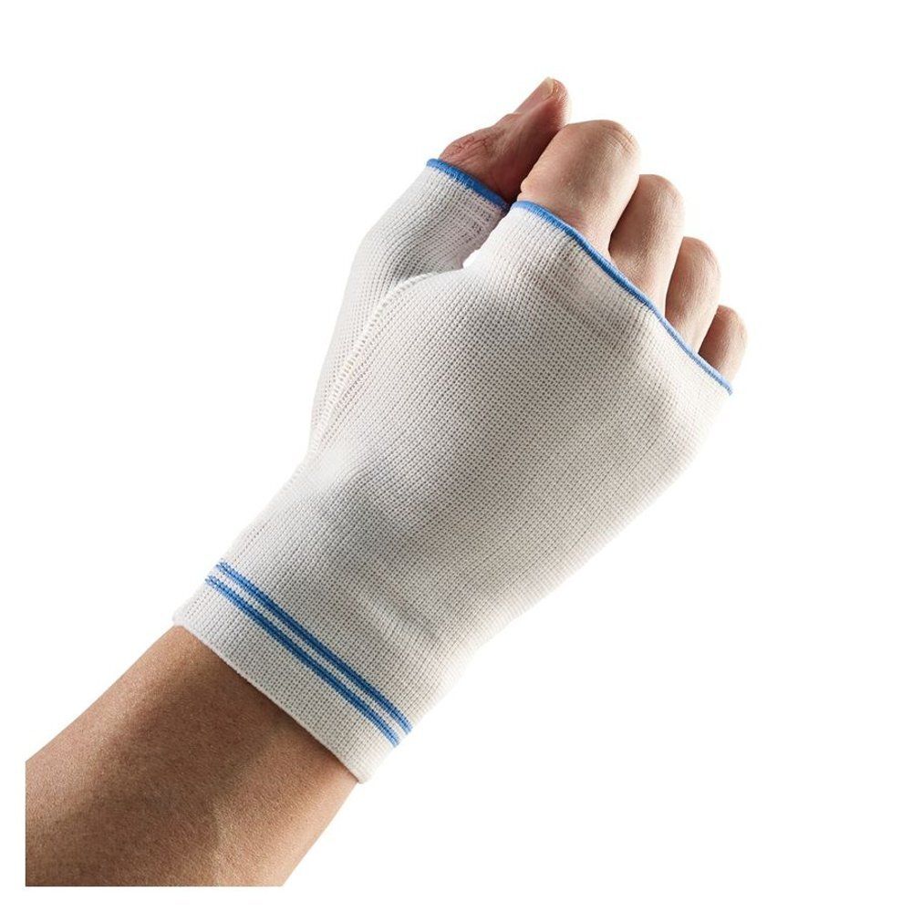 Attelle de poignet blanche avec trou pour le pouce et bordure bleue. Montre la main et le pouce. Matière élastique.
