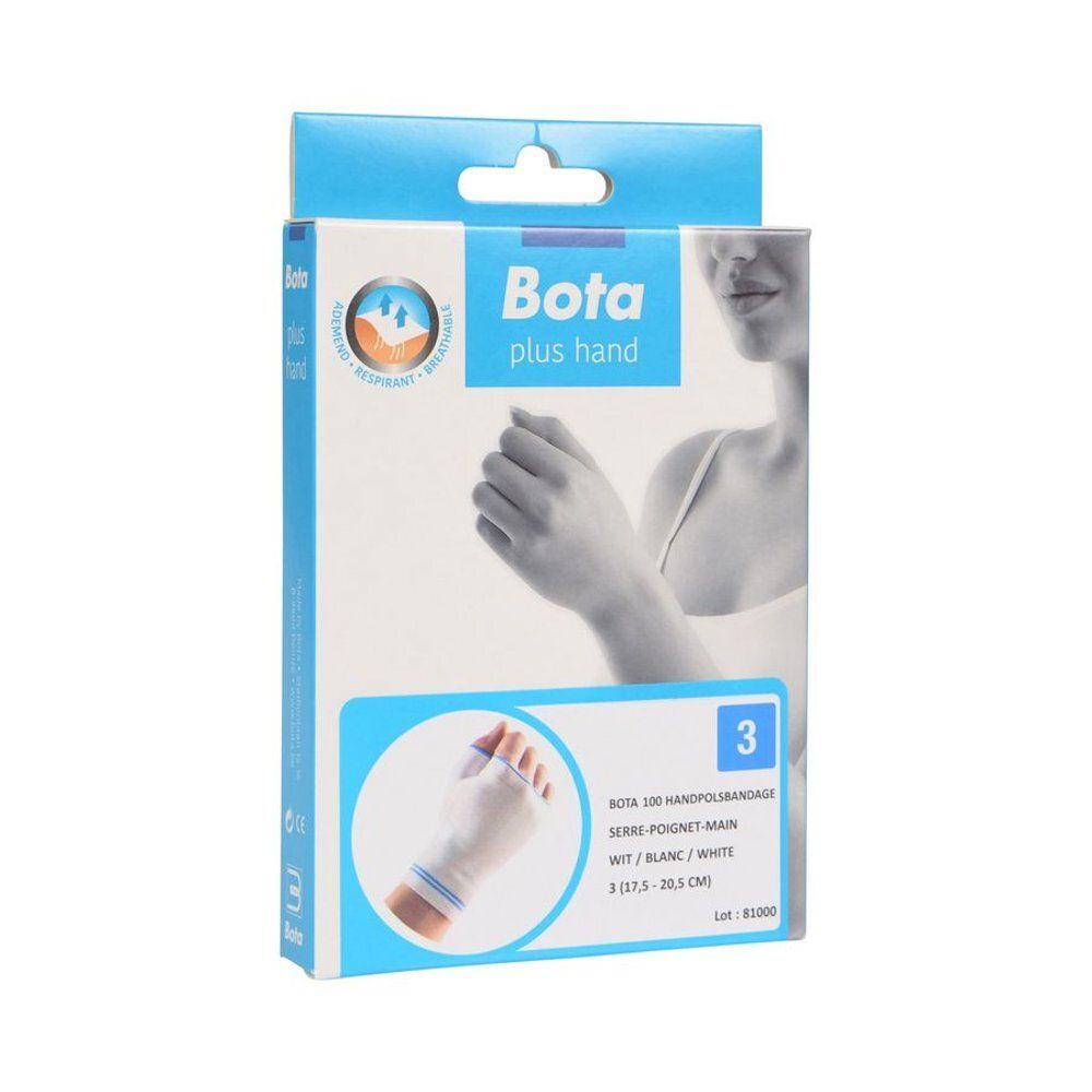 Emballage de l'attelle de poignet Bota. Produit blanc, taille 3. Inscriptions : Bota plus hand, 100 Handgelenkbandage, respirant.
