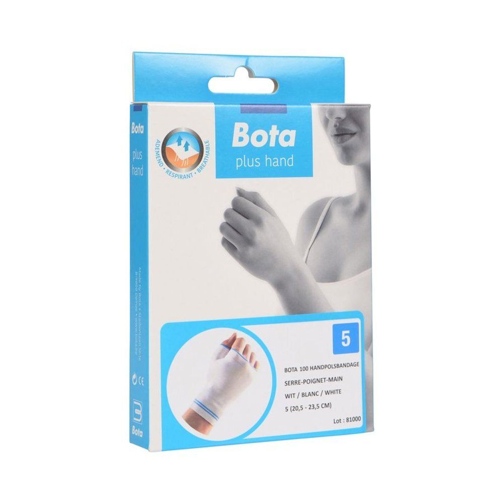 Verpakking Bota plus hand. Witte polsband met duimopening, maat 5. Blauwe accenten. Productafbeelding en logo.