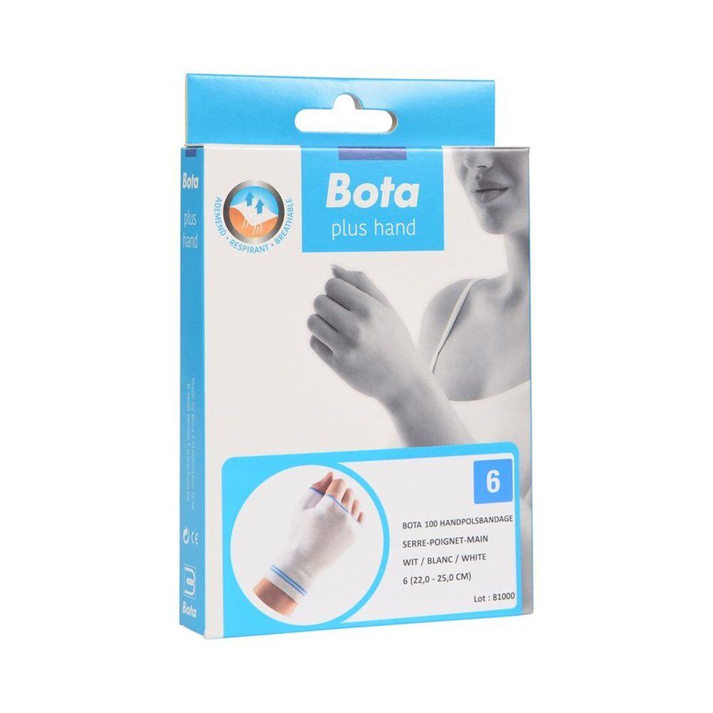 Boîte de Bota plus hand. Attelle de poignet blanche avec détails bleus. Nom du produit et taille 6 visibles.