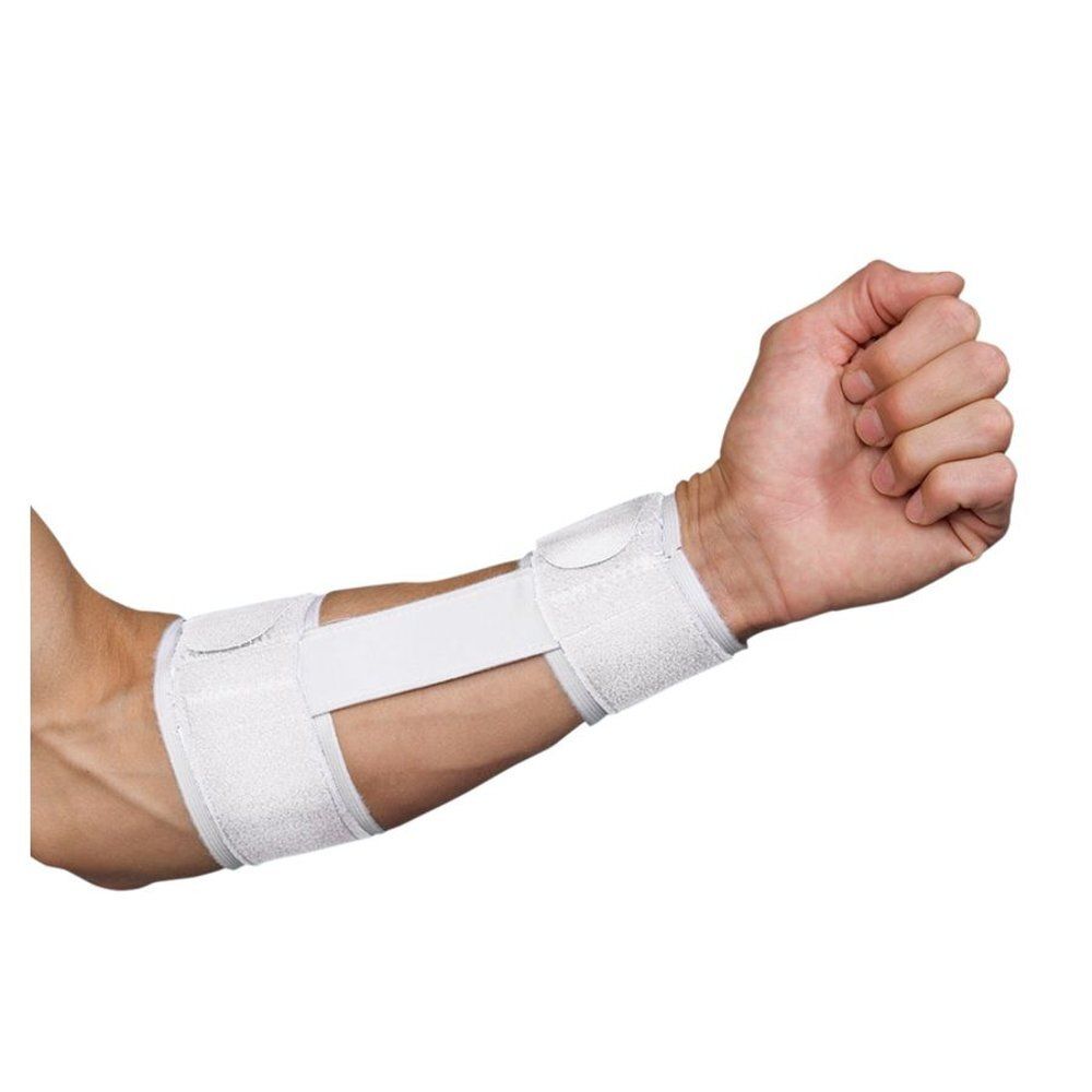 Bota Elbow Long Sport blanc sur un bras. Fermetures velcro pour la fixation.