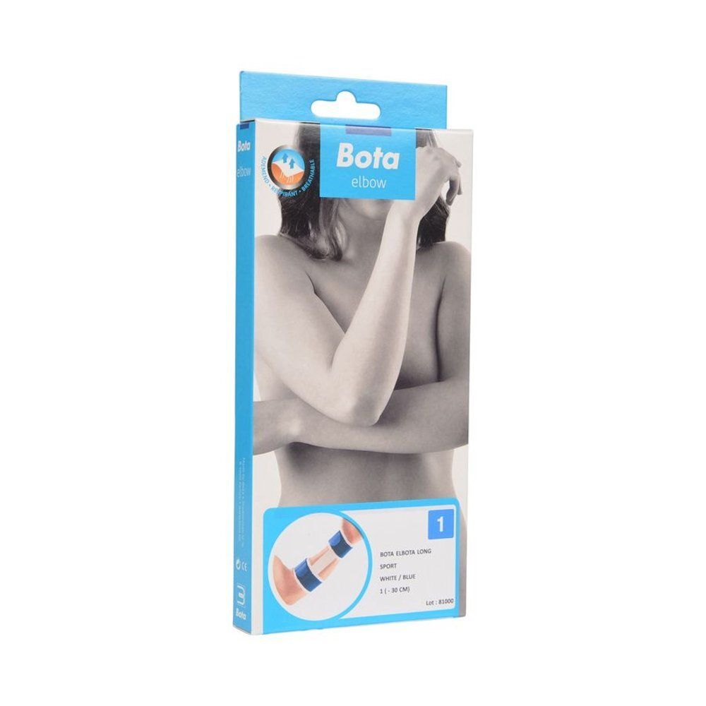 Verpakking Bota Elbow Sport. Wit/blauw. Illustratie van een arm met bandage. Maat 1.