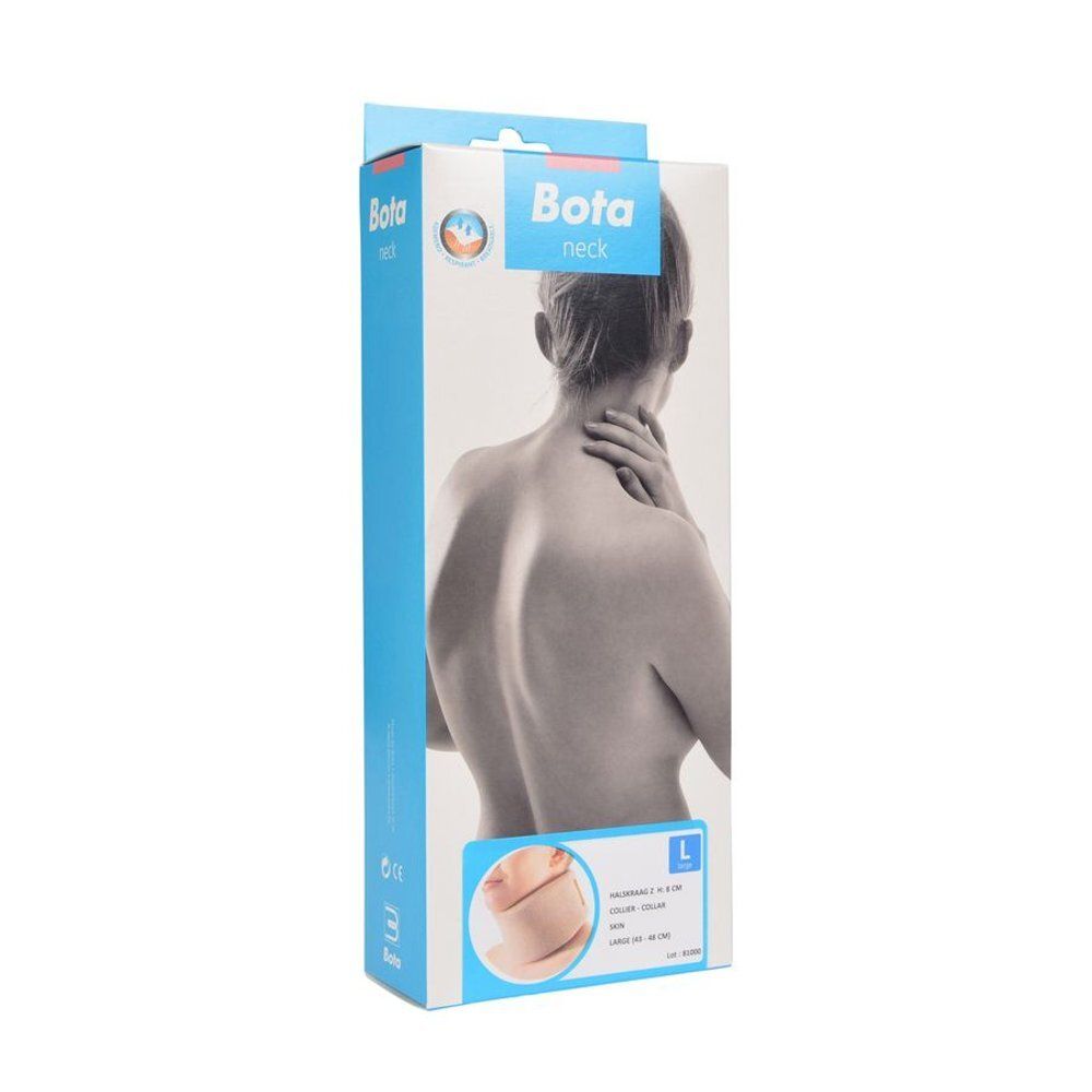 Productverpakking met nekkraag. Op de verpakking staat een vrouw die haar nek vasthoudt. De tekst "Bota neck" is zichtbaar.