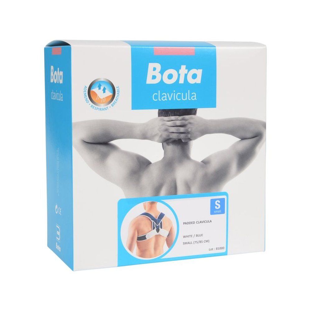 Bota Clavicula verpakking. Doos met productafbeelding en maatindicatie. Merk Bota. Achteraanzicht van het product.