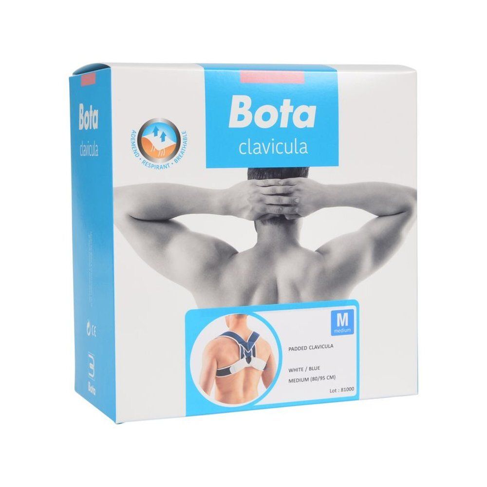 Verpakking Bota clavicula. Blauwe en witte doos met productafbeelding en maat Medium. Merk Bota.