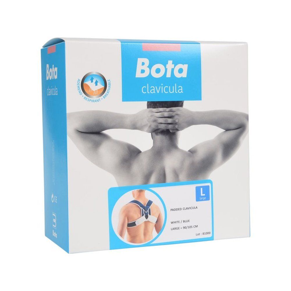 Verpakking van de Bota clavicula brace. Productafbeelding, maat L, wit/blauwe kleurstelling.
