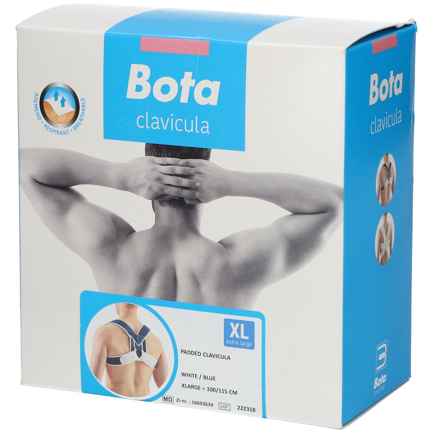 Verpakking Bota Clavicula brace. XL, wit/blauw. Illustratie van man met brace.