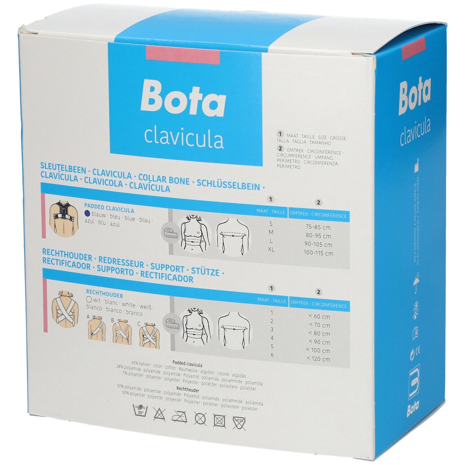 Achterkant verpakking Bota Clavicula brace. Maatinformatie en illustraties.