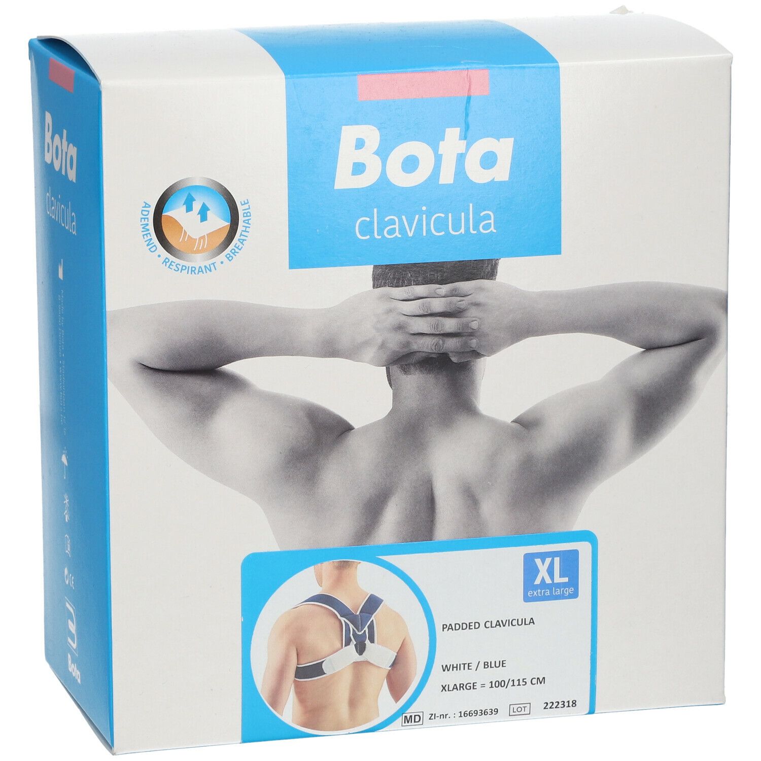 Verpakking Bota Clavicula brace. XL, wit/blauw. Illustratie van man met brace.