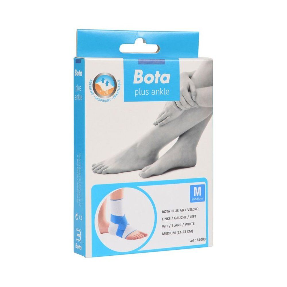 Verpakking van Bota plus ankle. Blauw-witte enkelbrace, maat M. Illustratie van een voet met brace. Ademend.