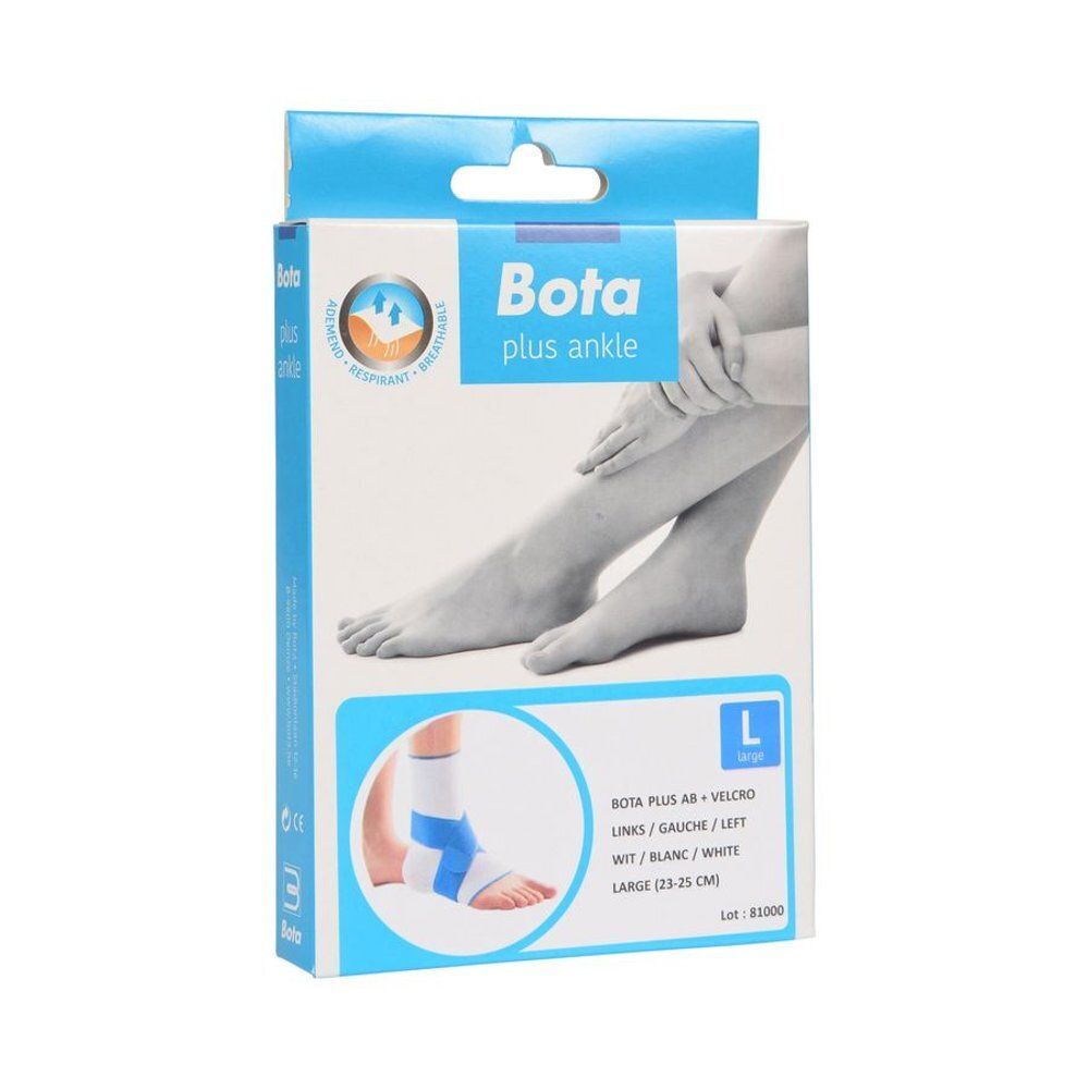 Vue de face de l'emballage Bota Plus Ankle. Carton blanc avec image du produit. Contient une attelle de cheville avec velcro.