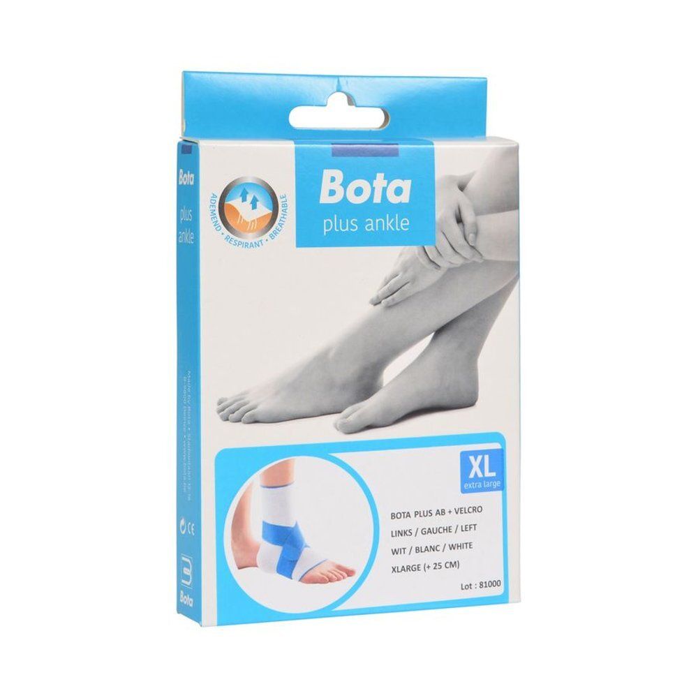 Vue de face de l'emballage de l'attelle de cheville Bota Plus AB. Nom et logo du produit visibles. Taille XL, blanc avec velcro bleu.