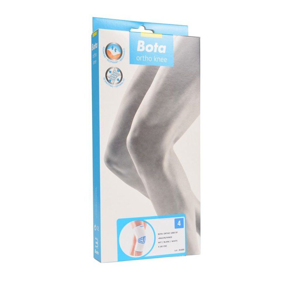 Verpakking voor kniebrace. Bota Ortho Knee-logo. Maat 4. Illustratie van benen. Blauw en witte kleurencombinatie.