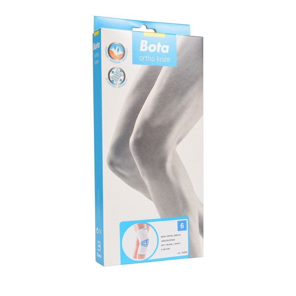 Boîte Bota Ortho genou. Emballage blanc et bleu avec image du produit et taille 6.