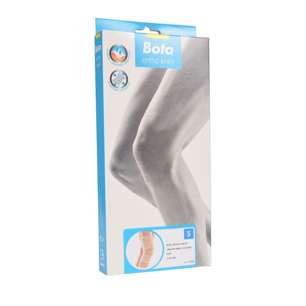 Genouillère Bota Ortho Knee, taille 5, dans son emballage. Boîte bleue et blanche. Illustration d'un genou.