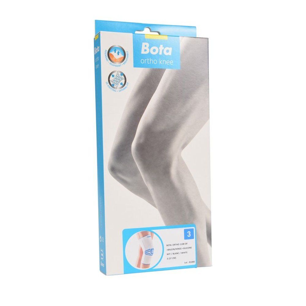 Emballage Bota Ortho Knee. Face avant avec illustration de jambe et images du produit. Logo et nom du produit clairement visibles.