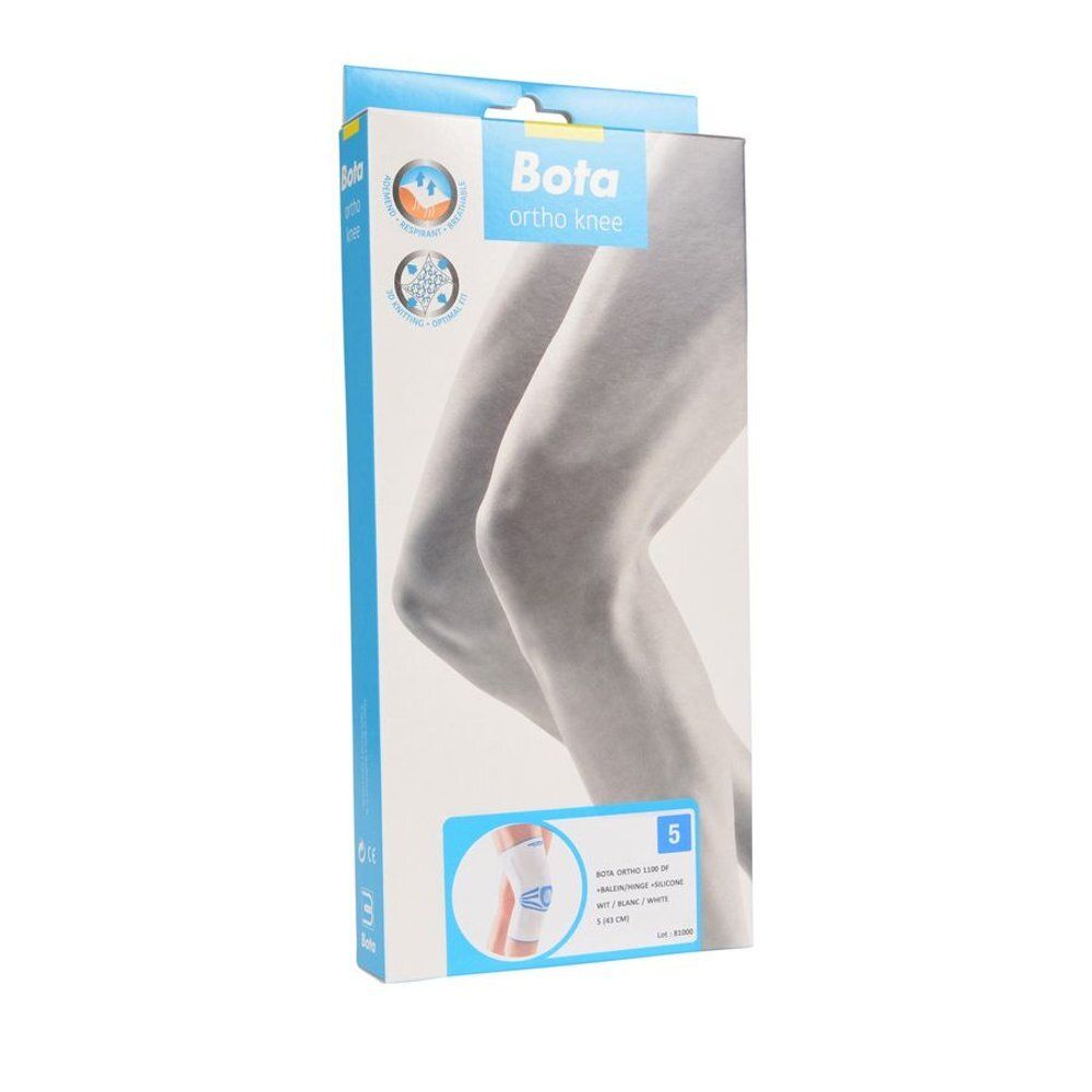 Verpakking Bota Ortho knie. Lichtblauwe doos met productafbeelding en naam. Maat 5.