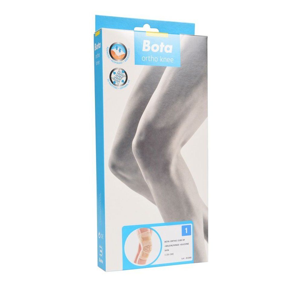 Verpakking voor kniebrace. Opschrift: Bota ortho knee. Illustratie van benen. Blauw en witte verpakking.