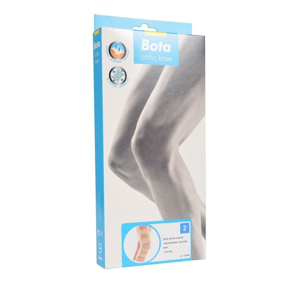 Emballage d'orthèse de genou. Bota Ortho Knee, taille 2, illustré. Boîte bleu clair avec image du produit et logo.
