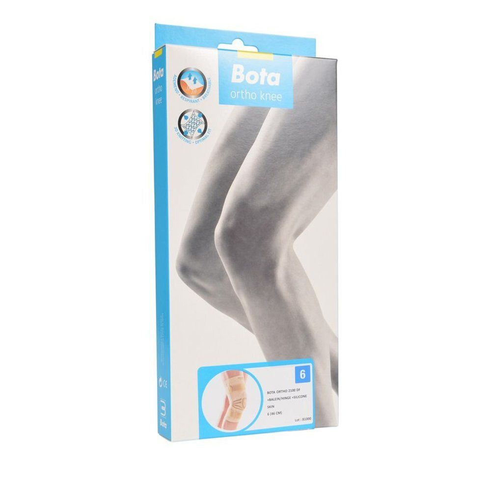 Verpakking Bota Ortho knie. Lichtblauwe doos met productafbeelding en tekst. Maat 6.