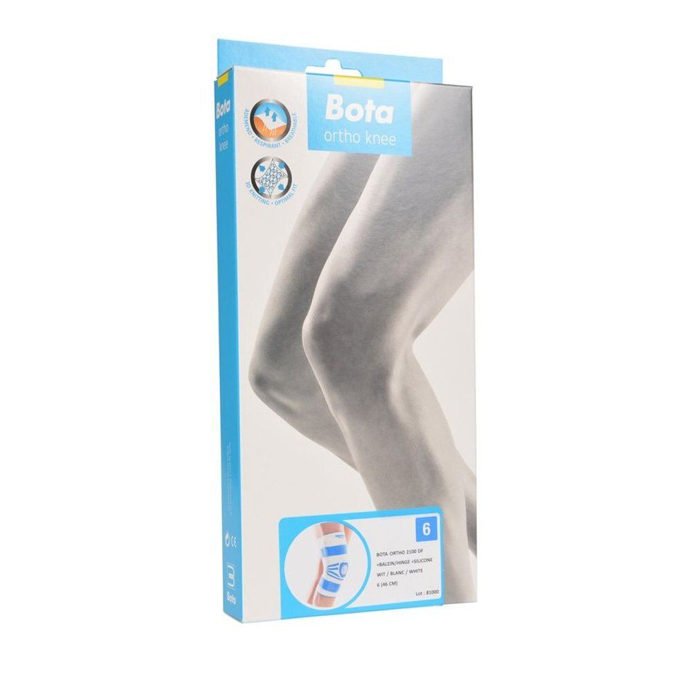 Boîte Bota Ortho genou. Emballage blanc et bleu avec image du produit et indication de taille.