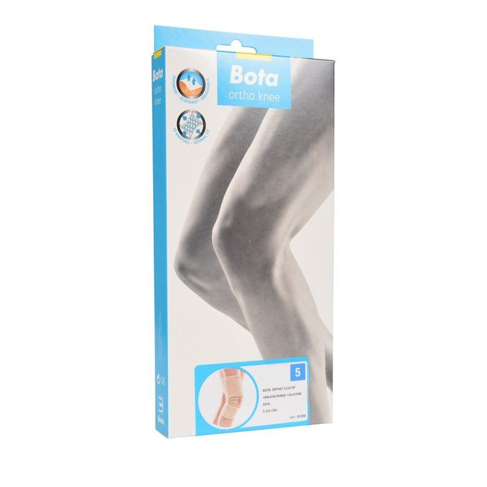 Emballage de l'orthèse de genou Bota. Boîte bleu clair avec image du produit et nom.