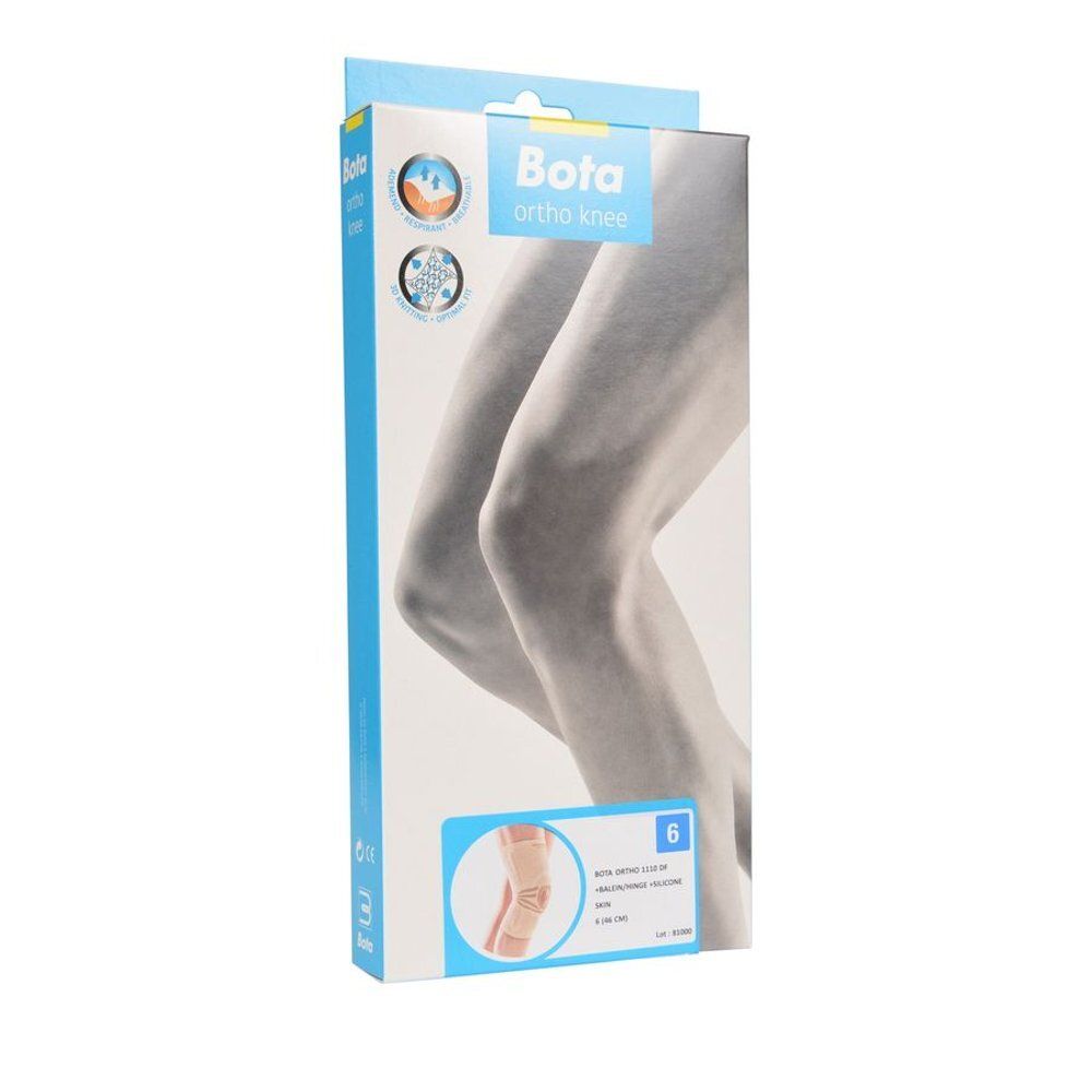 Emballage pour genouillère. Nom du produit : Bota ortho knee. Illustration de jambes. Taille 6.