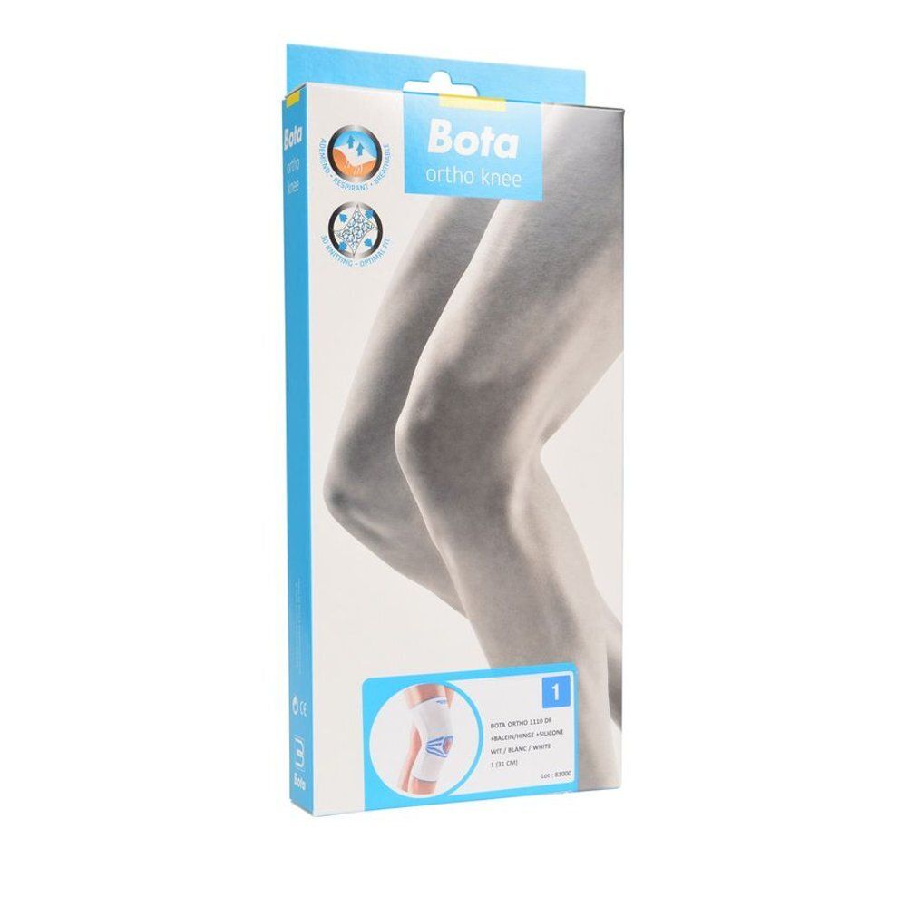 Verpakking voor kniebrace Bota Ortho. Afbeelding van benen. Blauwe en witte kleuren. Tekst: Bota Ortho knee.