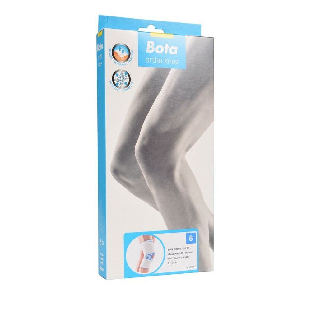 Boîte d'orthèse de genou. Bota Ortho genou, taille 6, blanc. Illustration de jambes. Couleurs bleu et blanc.