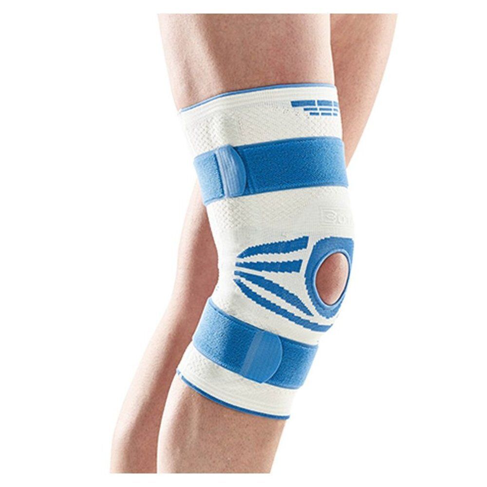 Kniebrace, wit en blauw. Kniebrace met klittenbandsluitingen en opening voor de knieschijf.