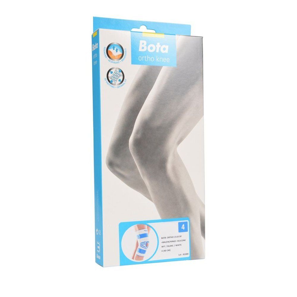 Genouillère blanche et bleue. Avec fermetures velcro et ouverture pour la rotule. Portée sur une jambe.