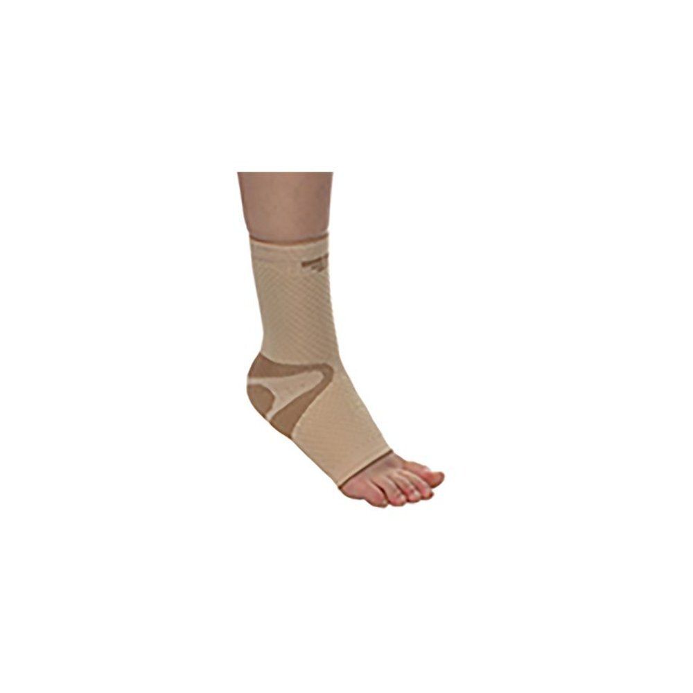 Beige enkelbrace. Elastisch materiaal met verstevigingen. Voor de enkel.