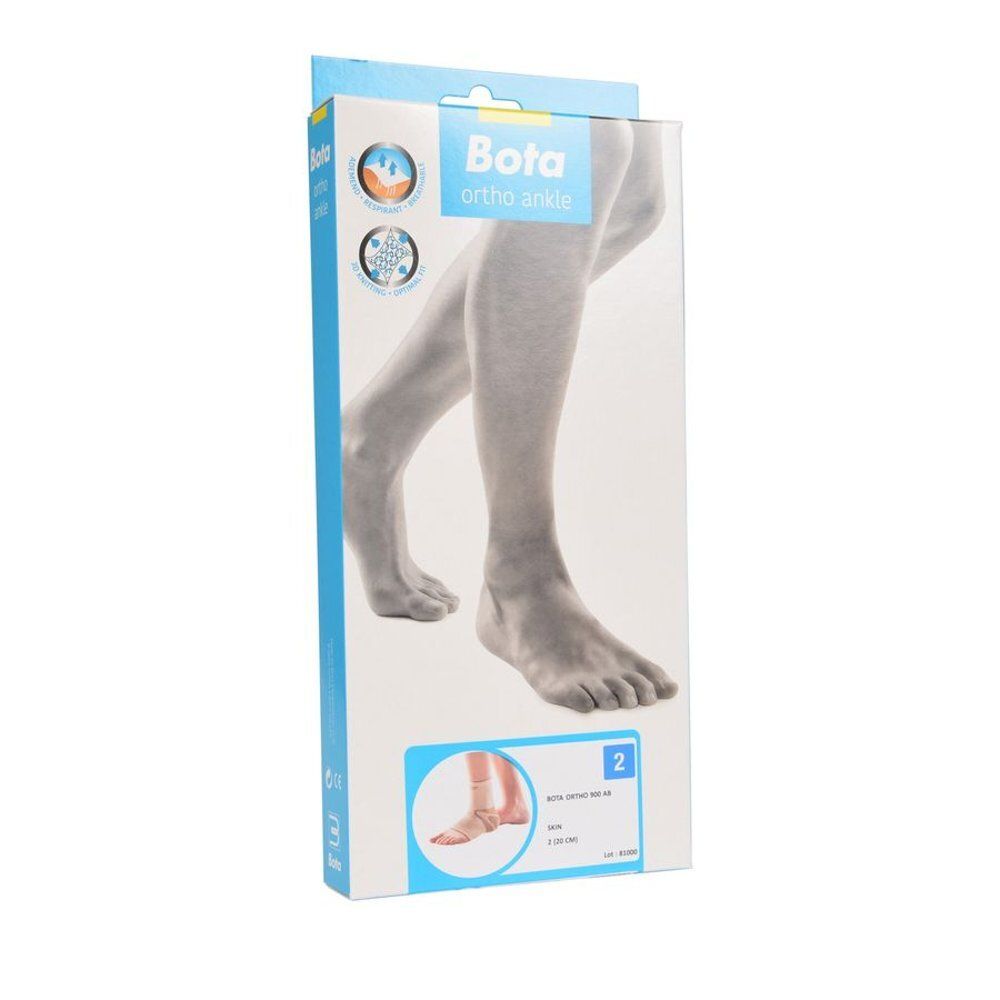 Verpakking voor Bota ortho ankle. Toont een been en een afbeelding van het product. Met productnaam.
