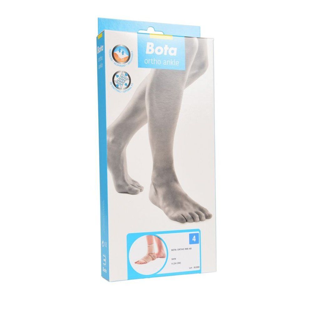 Bota ortho ankle verpakking. Toont been, enkelbrace. Maat 4. Blauw-witte verpakking met productafbeelding.