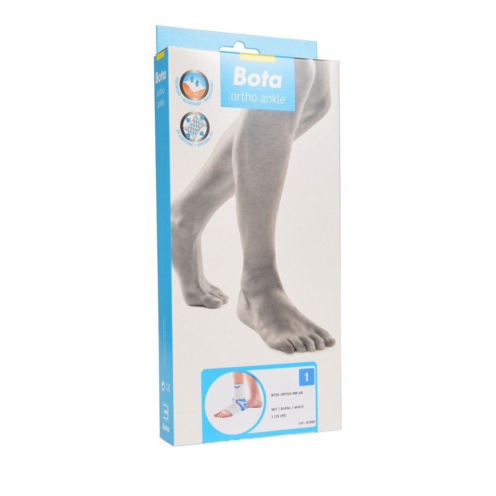 Verpakking voor Bota Ortho enkelbrace. Illustratie van een been. Productnaam en logo.