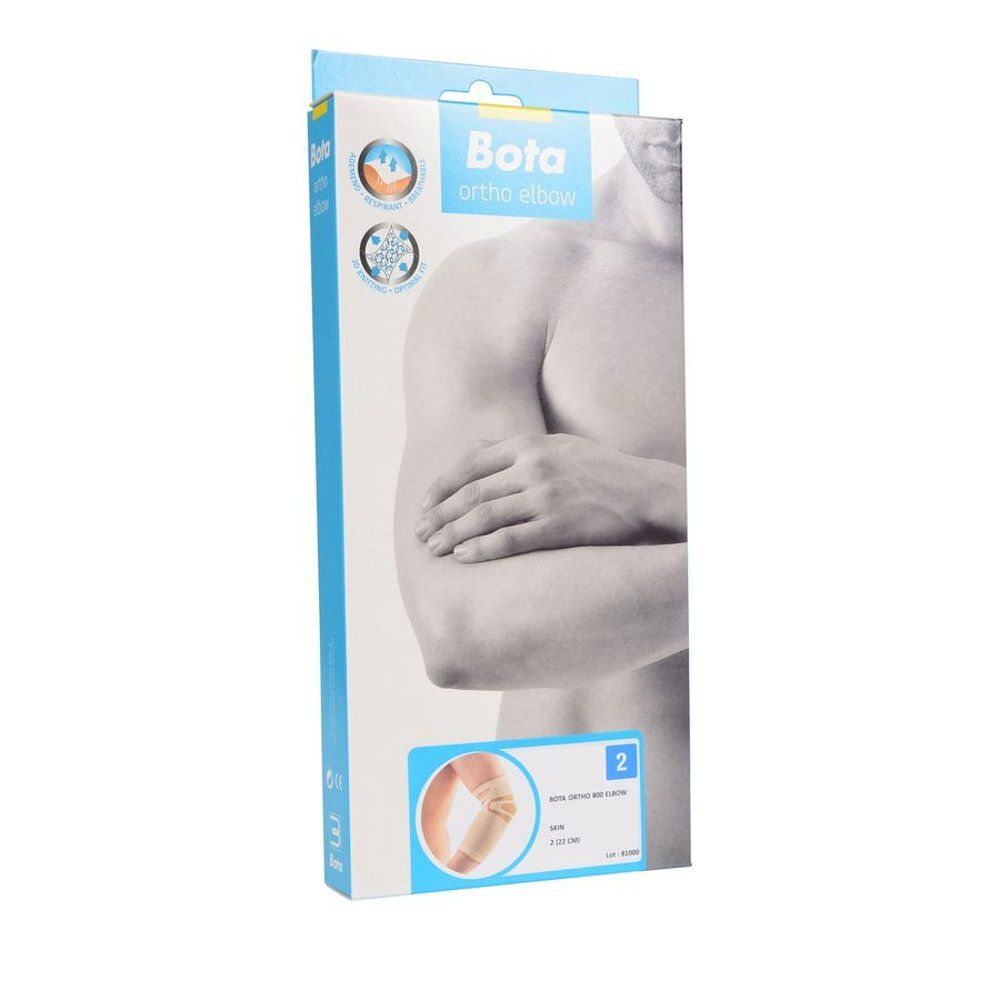 Emballage Bota Ortho Elbow, avec illustration d'un bras. Emballage bleu et blanc avec nom du produit et taille 2.