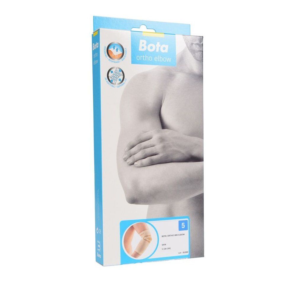 Emballage Bota Ortho Elbow. Illustration d'un bras. Emballage bleu et blanc avec nom du produit et taille 5.