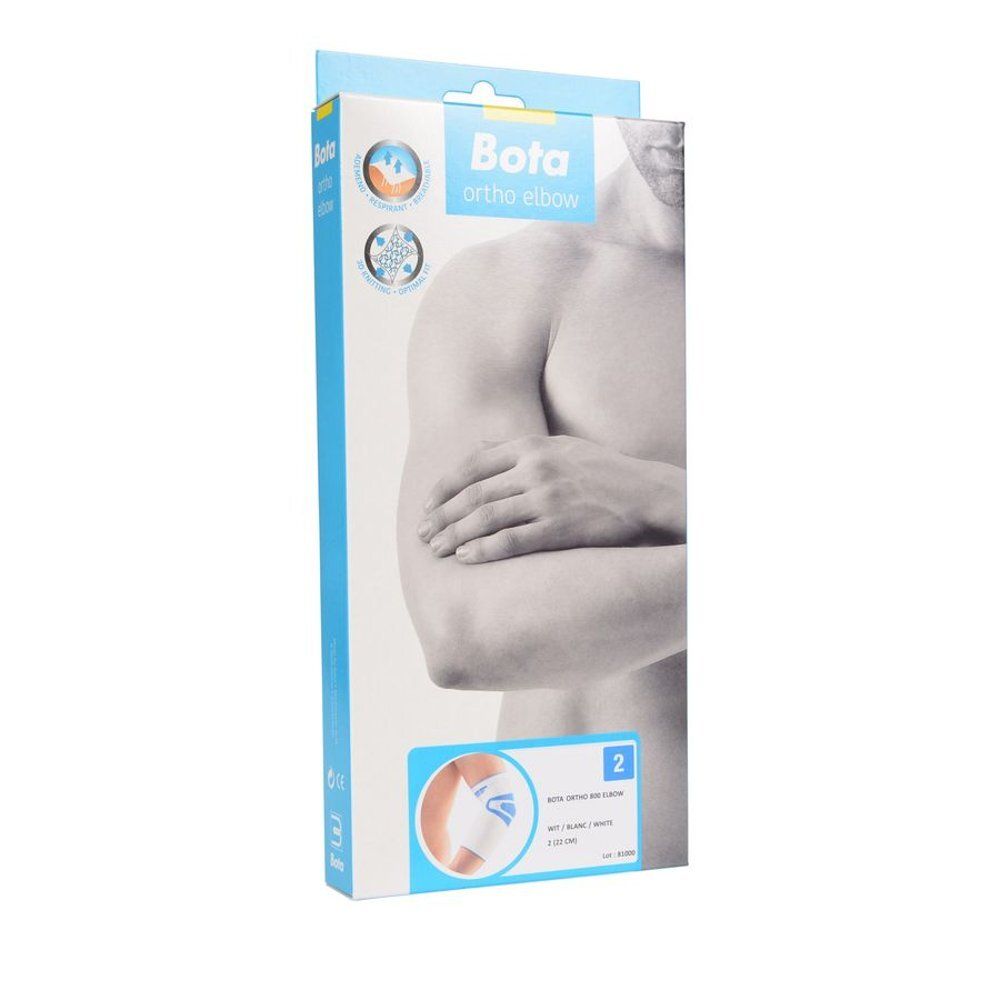 Emballage Bota Ortho Elbow. Boîte bleue et blanche avec image du produit et logo. Taille 2.