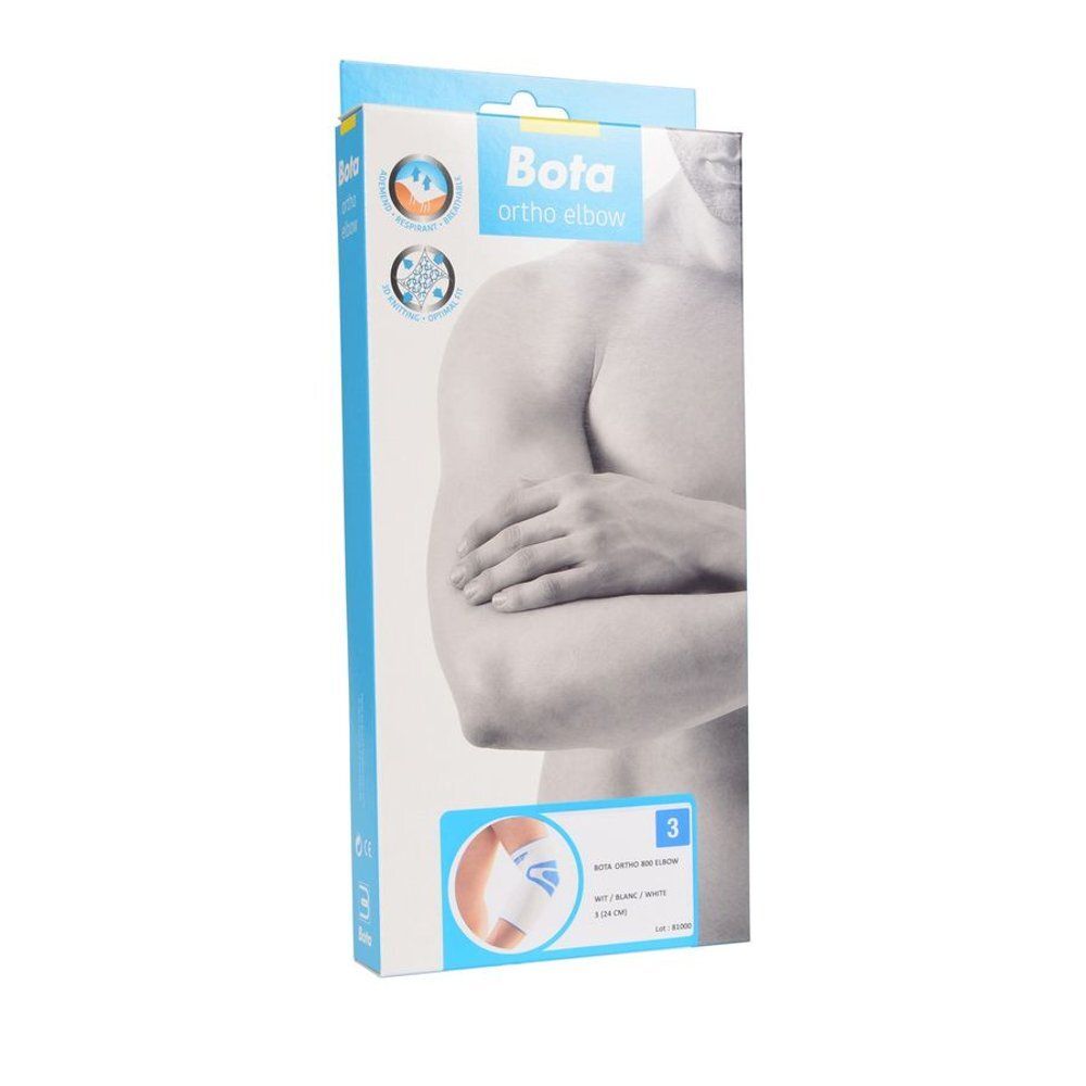 Verpakking Bota Ortho Elbow. Illustratie van een arm. Productnaam en logo. Maat 3.
