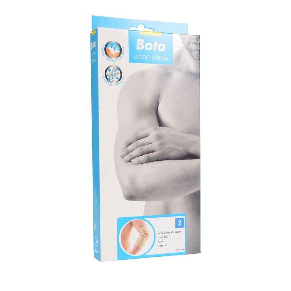 Verpakking voor Bota Ortho Elbow. Toont een menselijk torso model. Blauwe en witte kleuren. Productillustratie onderaan.