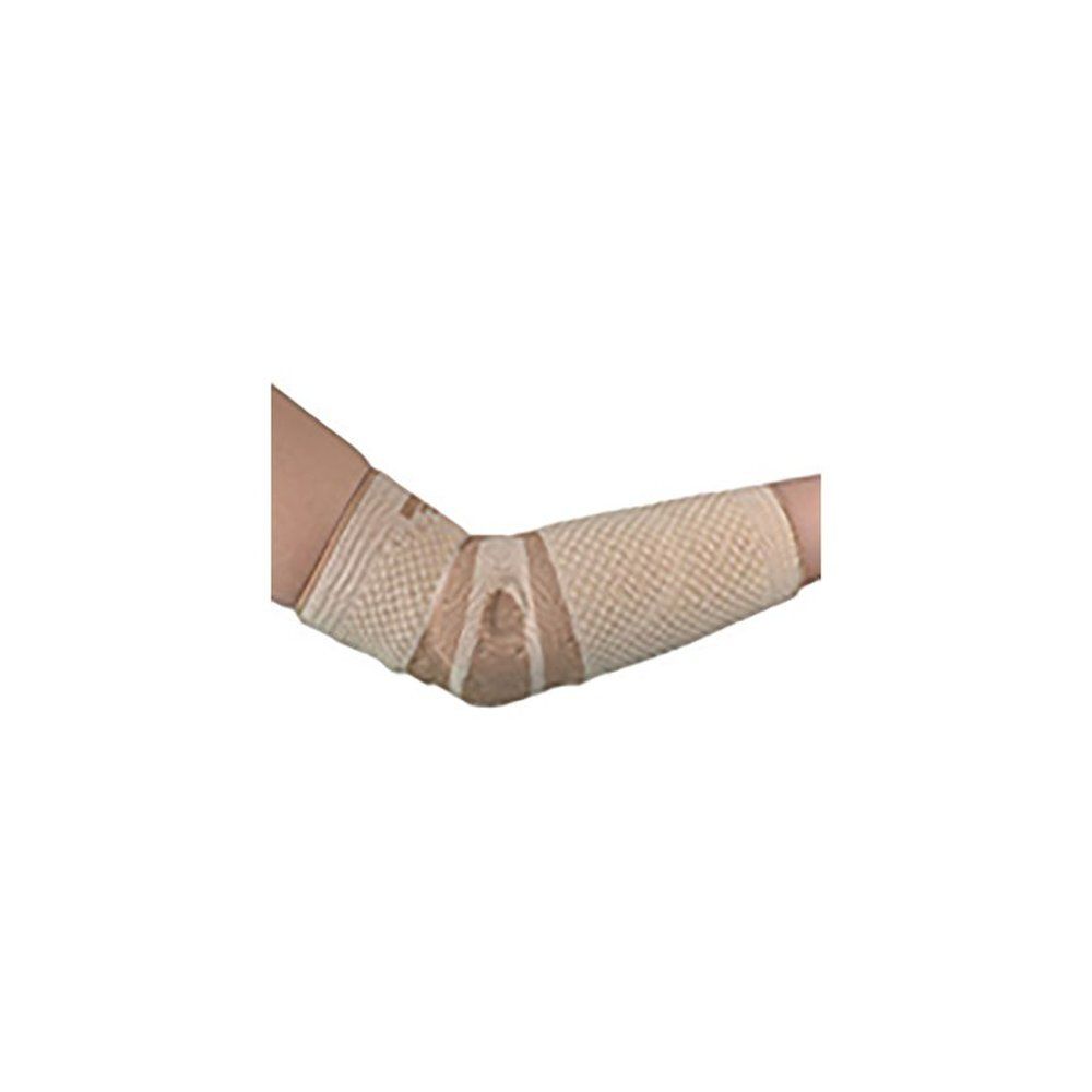 Attelle de coude beige, élastique, avec renforts. Portée sur un bras.