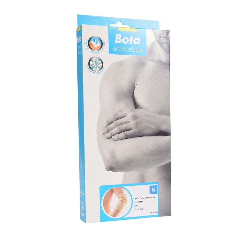 Vooraanzicht van de Bota Ortho Elbow verpakking. Opschrift: Bota, Ortho Elbow, afbeelding van een arm met bandage. Maat 6.