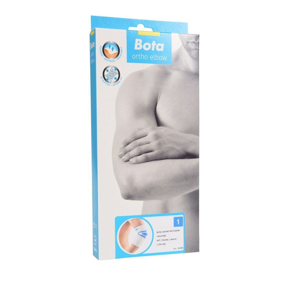 Verpakking voor elleboogbrace. Wit-blauwe doos met productafbeelding en naam.