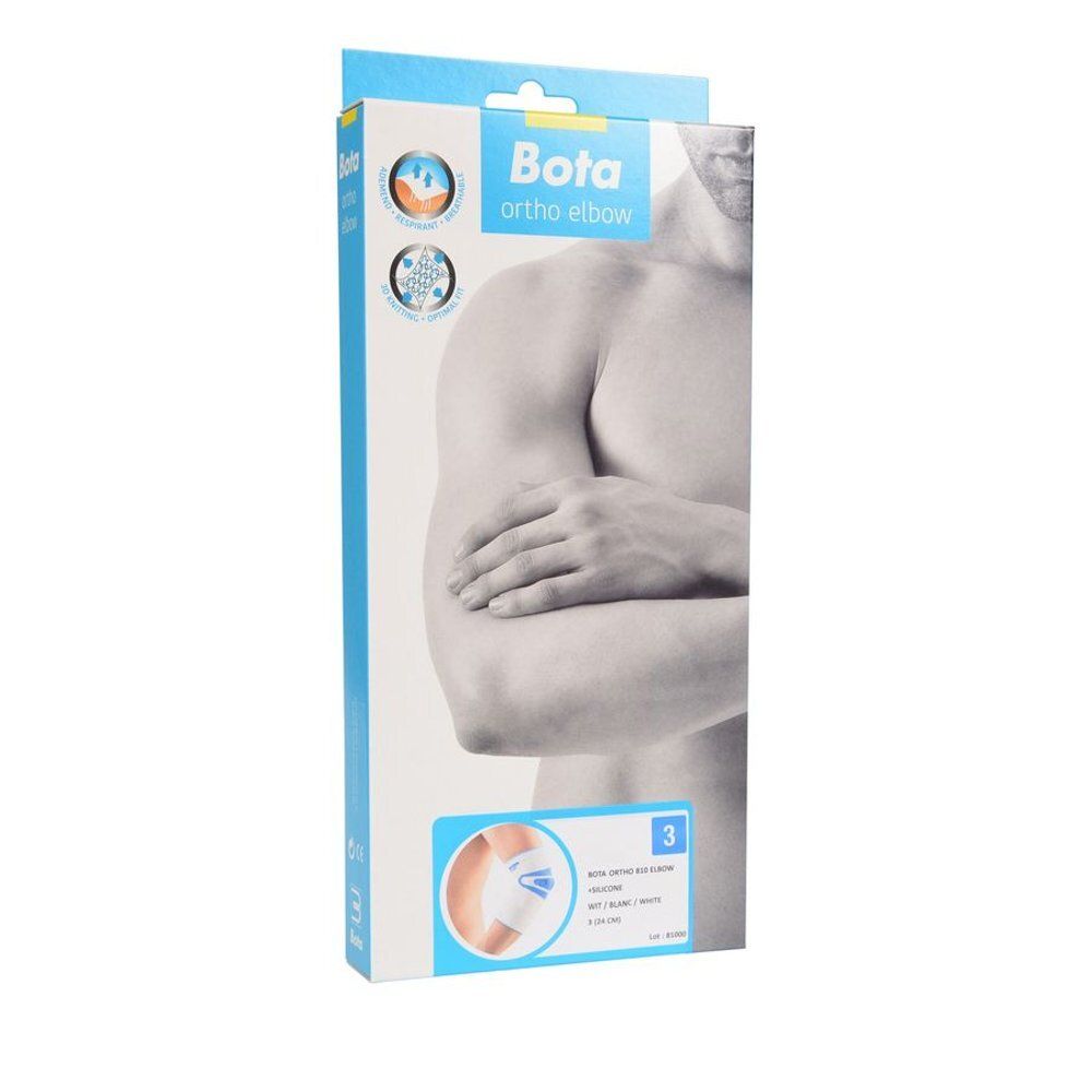 Verpakking van de elleboogbrace. Bota Ortho Elbow, afbeelding van product en arm. Maat 3.