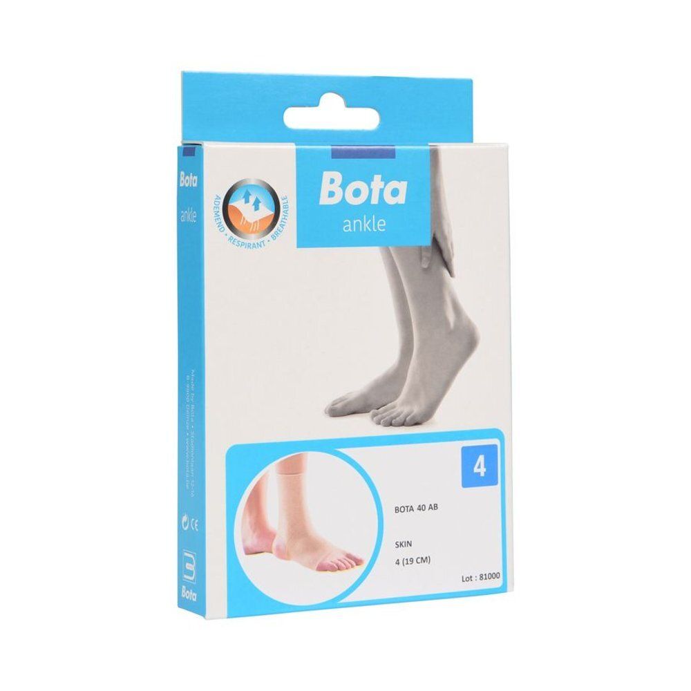Verpakking van enkelbrace Bota 40 AB, maat 4. Blauw en wit. Productillustratie en maatindicatie.