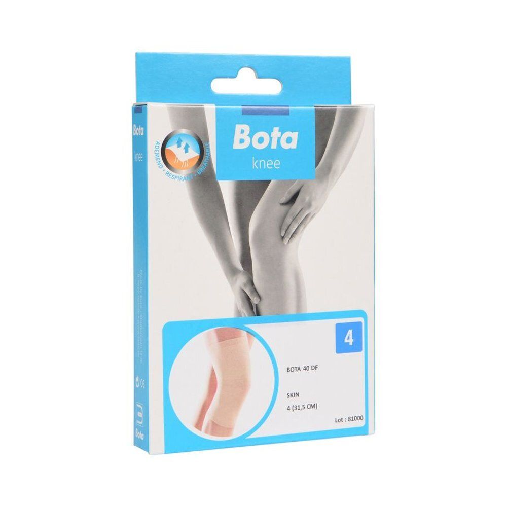 Verpakking Bota knie, maat 4. Lichtblauwe doos met productafbeelding en logo. Bevat kniebrace.