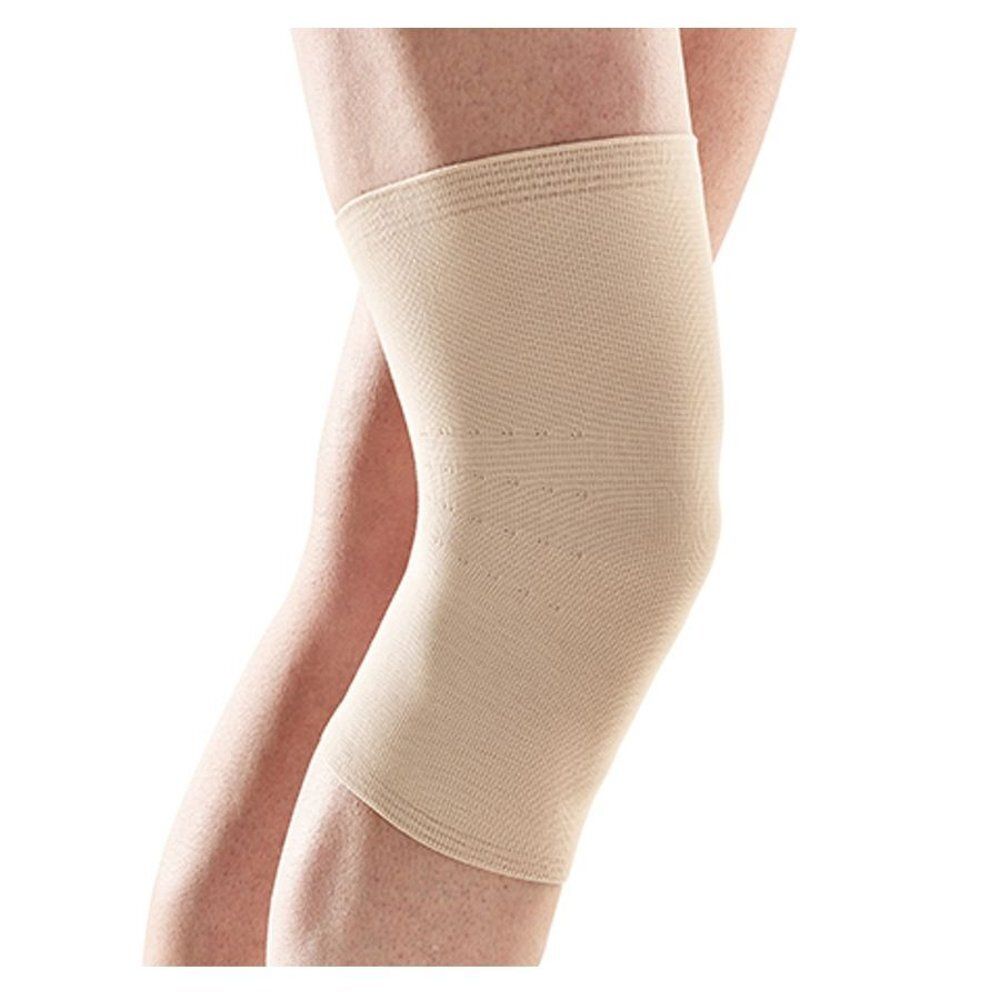 Genouillère beige. Représentation d'un genou. Matière élastique, enroulée autour du genou.